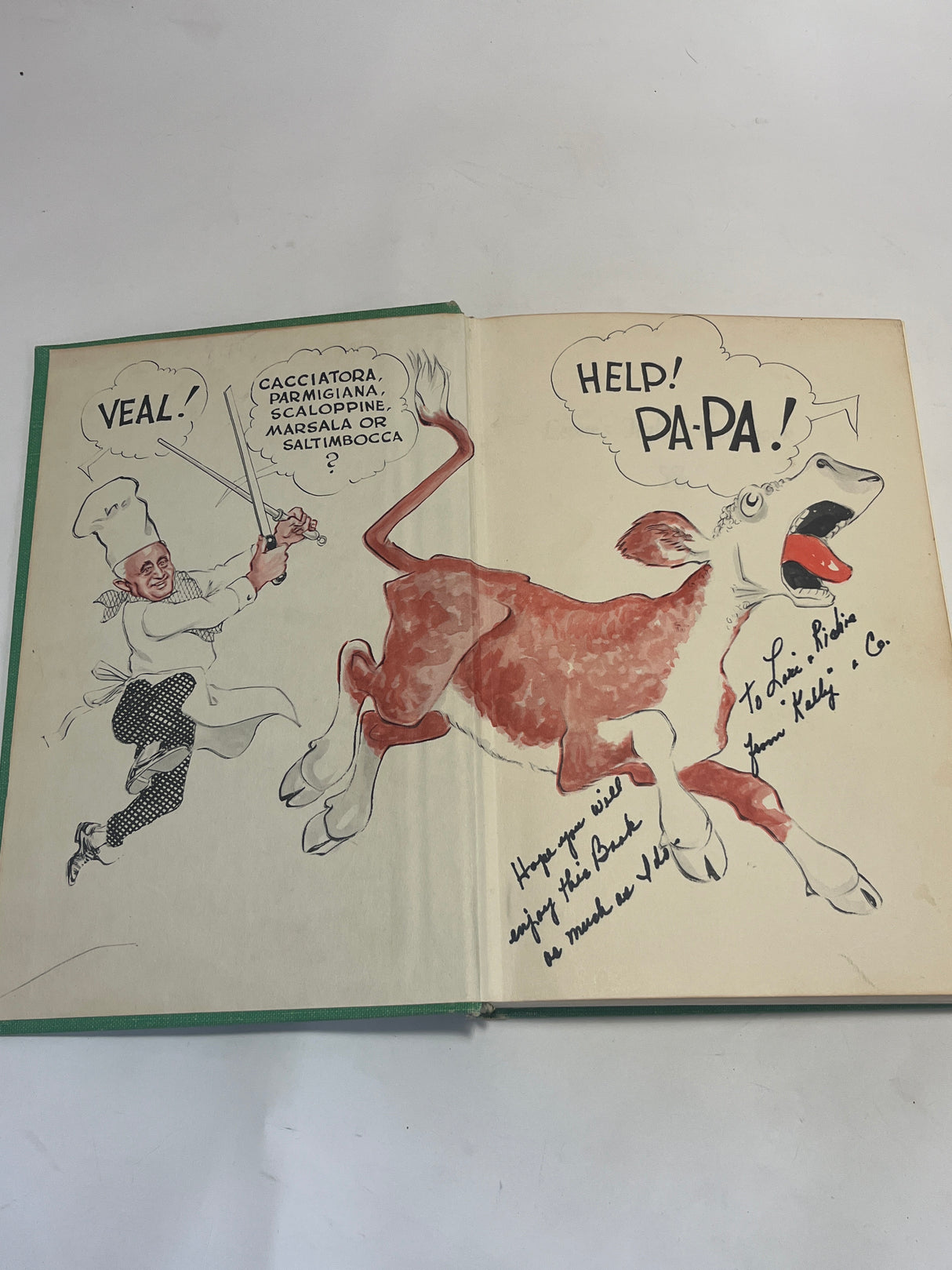 Leone’s Italian Cookbook (1967 First Edition) features a whimsical veal cartoon with a chef and calf, plus a personal dedication, capturing vintage culinary charm.