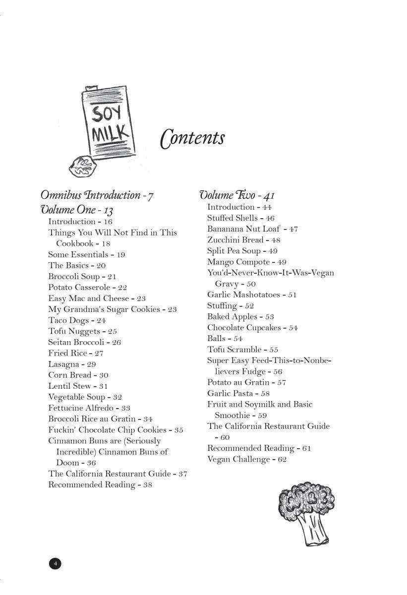 Contents page of 'Cook Your Own Fucking Life: Vegan Comfort Food Recipes', featuring recipe titles, page numbers, soy milk carton sketch, and broccoli doodle.