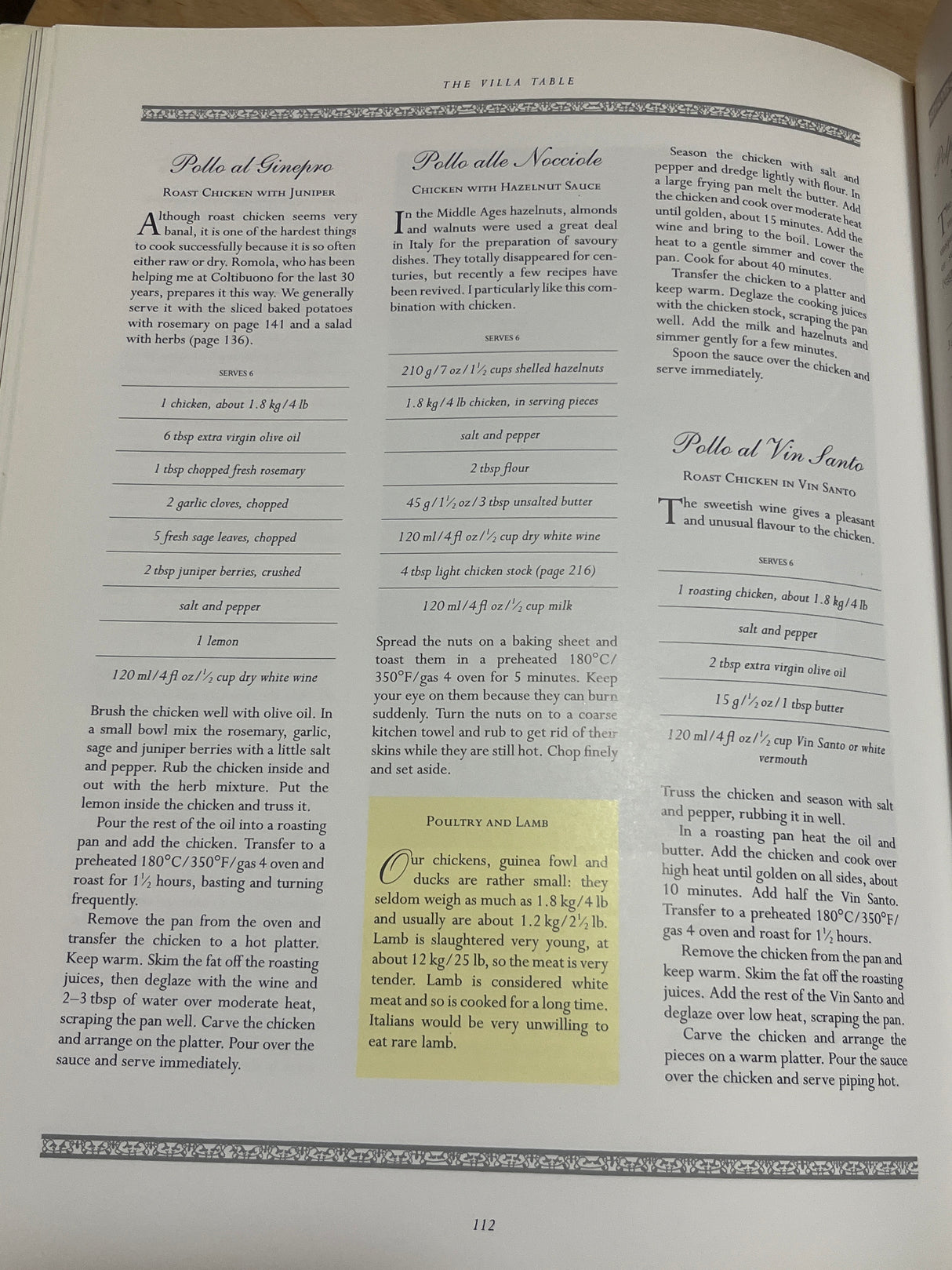 Cookbook spread from The Villa Table featuring three Italian roast-chicken recipes and a poultry-lamb note, showcasing culinary techniques and ingredient details.