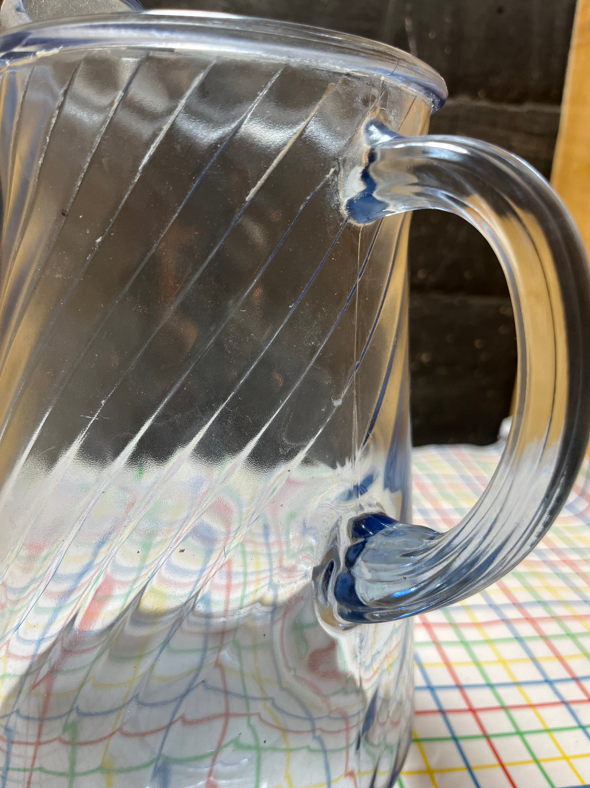 Blue swirl pitcher - clear glass - vintage Indiana Glass Company