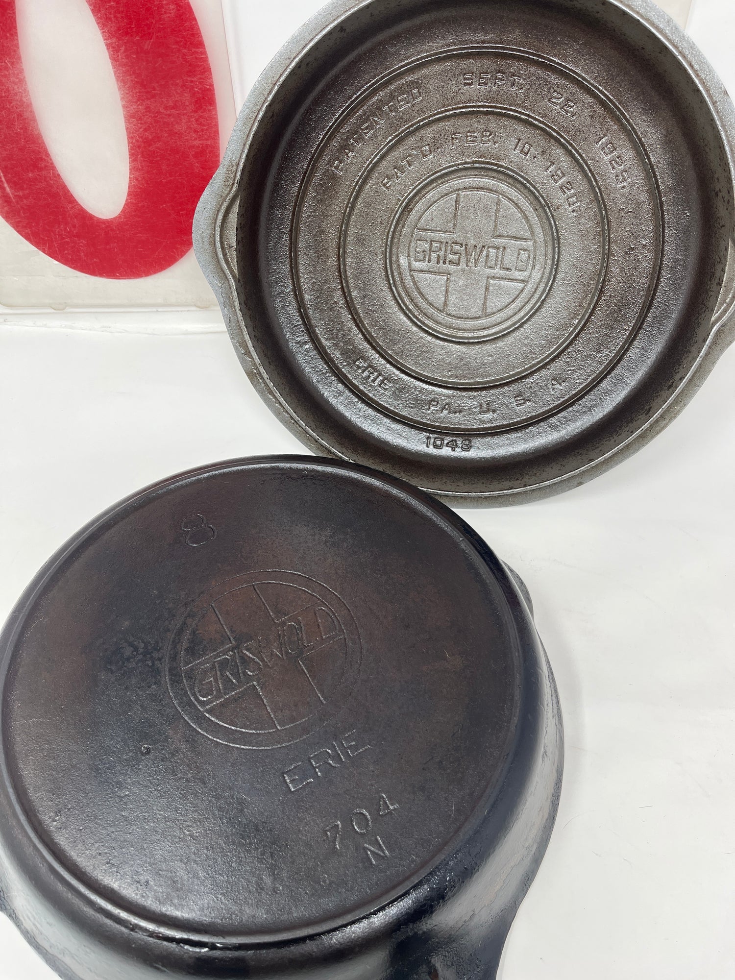 RARE antique Griswold No. 8 skillet and self-basting cover from 1930s Erie, PA, featuring cast-iron build; lid with chrome shine, slight wear, seasoned skillet.