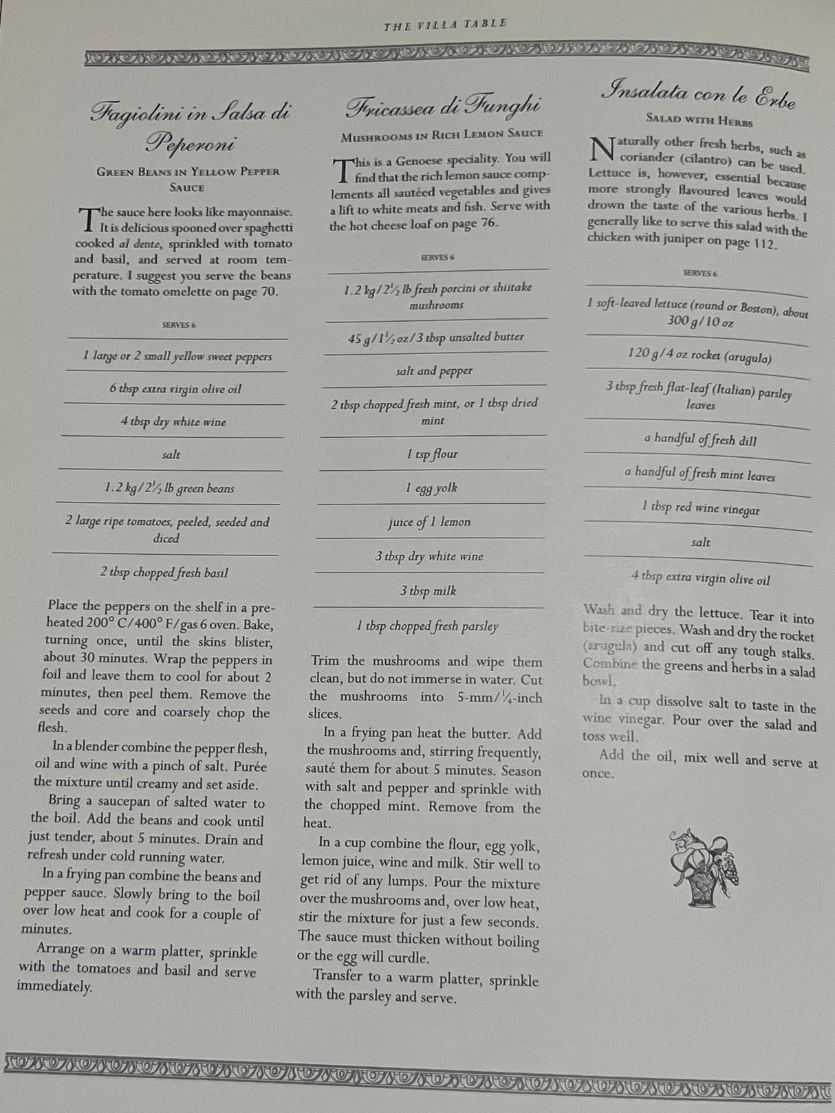 The Villa Table cookbook spread features three Italian vegetable recipes, including green beans in pepper sauce, mushrooms in lemon sauce, and a fresh herb salad.