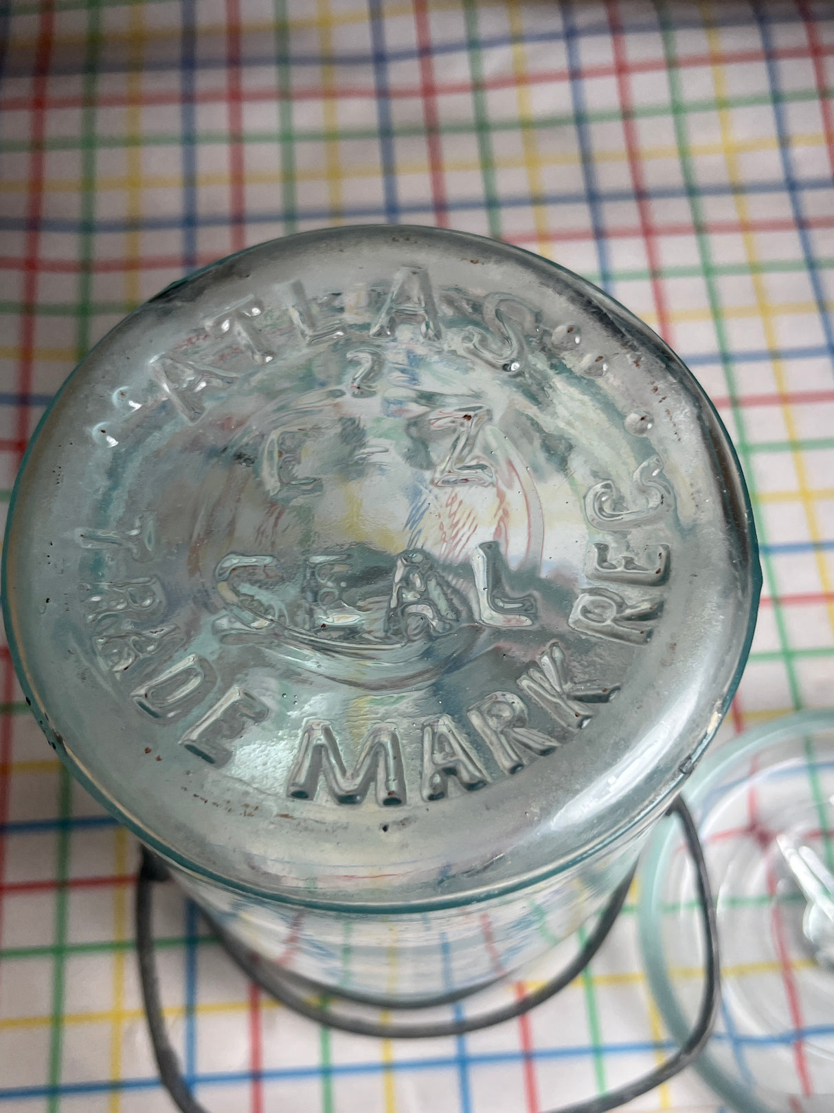 Mason canning jar with lid - blue glass with with wire - antique Atlas E-Z Seal