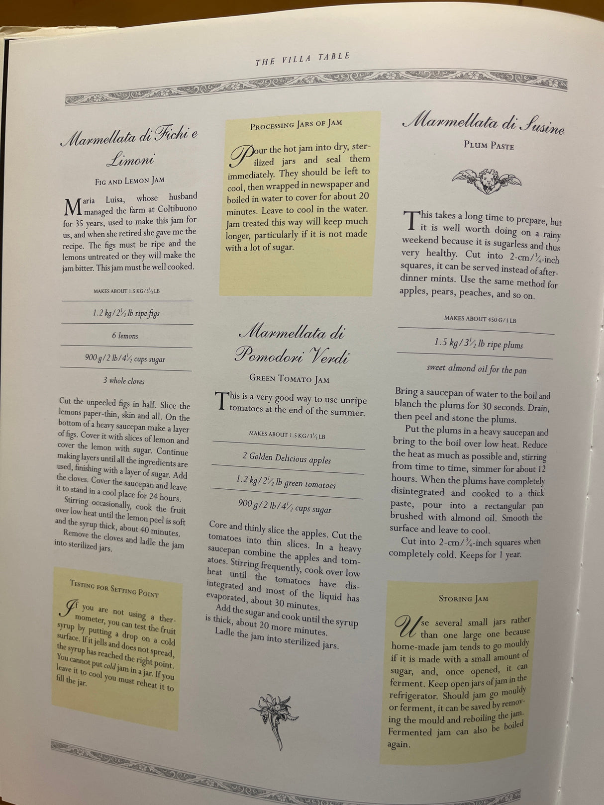 Cookbook spread from The Villa Table, displaying recipes for Fig and Lemon Jam, Green Tomato Jam, and Plum Paste, with jam-making tips and detailed instructions.