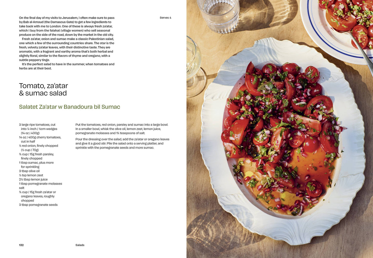 Boustany cookbook spread with tomato, za'atar, and sumac salad recipe on left; finished salad on ornate platter on right, showcasing vibrant Palestinian flavors.