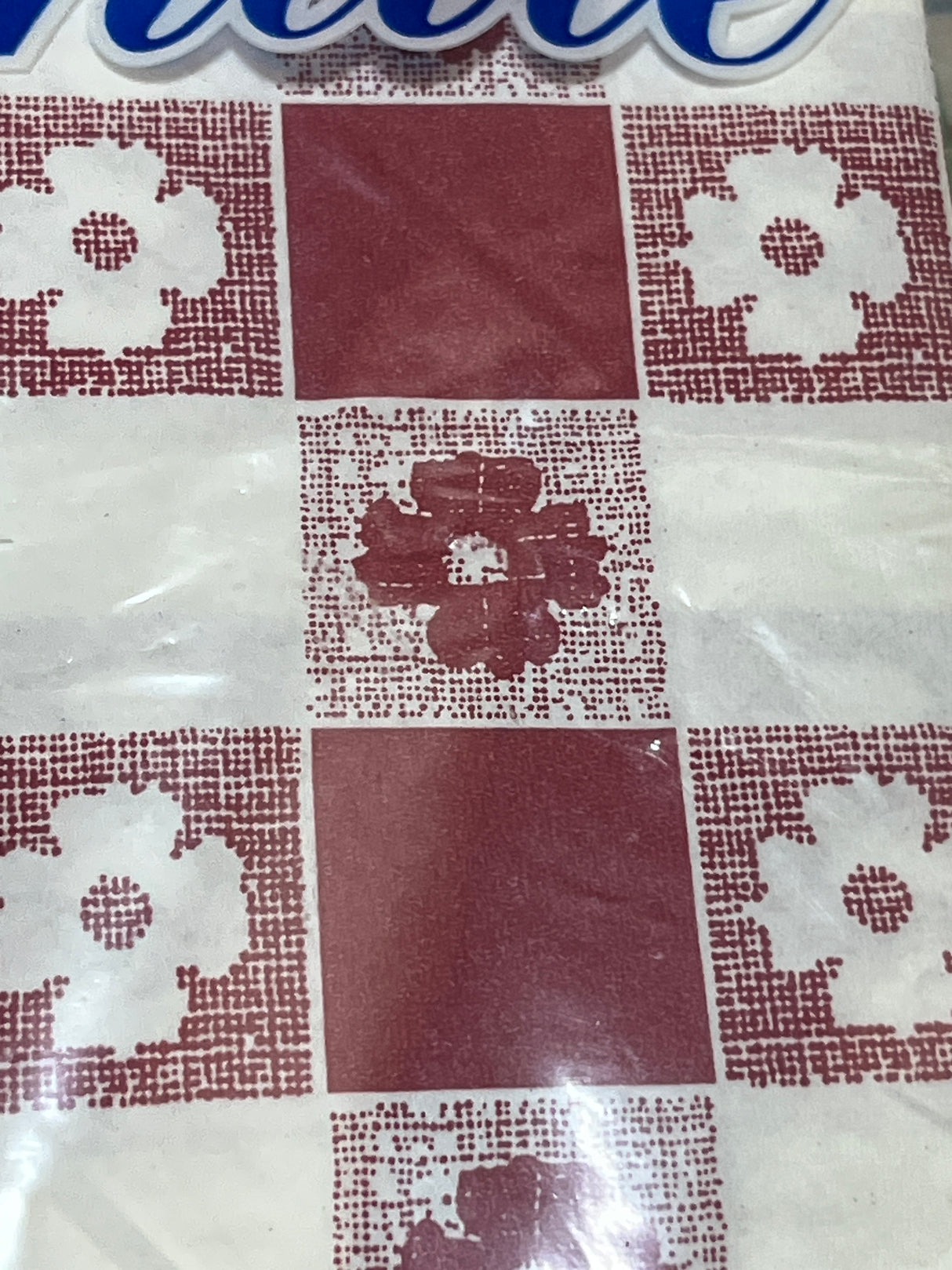Red and white disposable table cover - paper and plastic - vintage Tablemate