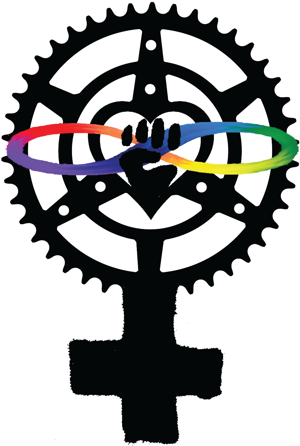 Logo depicting intersectional solidarity: a black gear ring, rainbow infinity symbol, and raised fist, representing the cookbook Cook Your Own Fucking Life: Vegan Comfort Food Recipes.