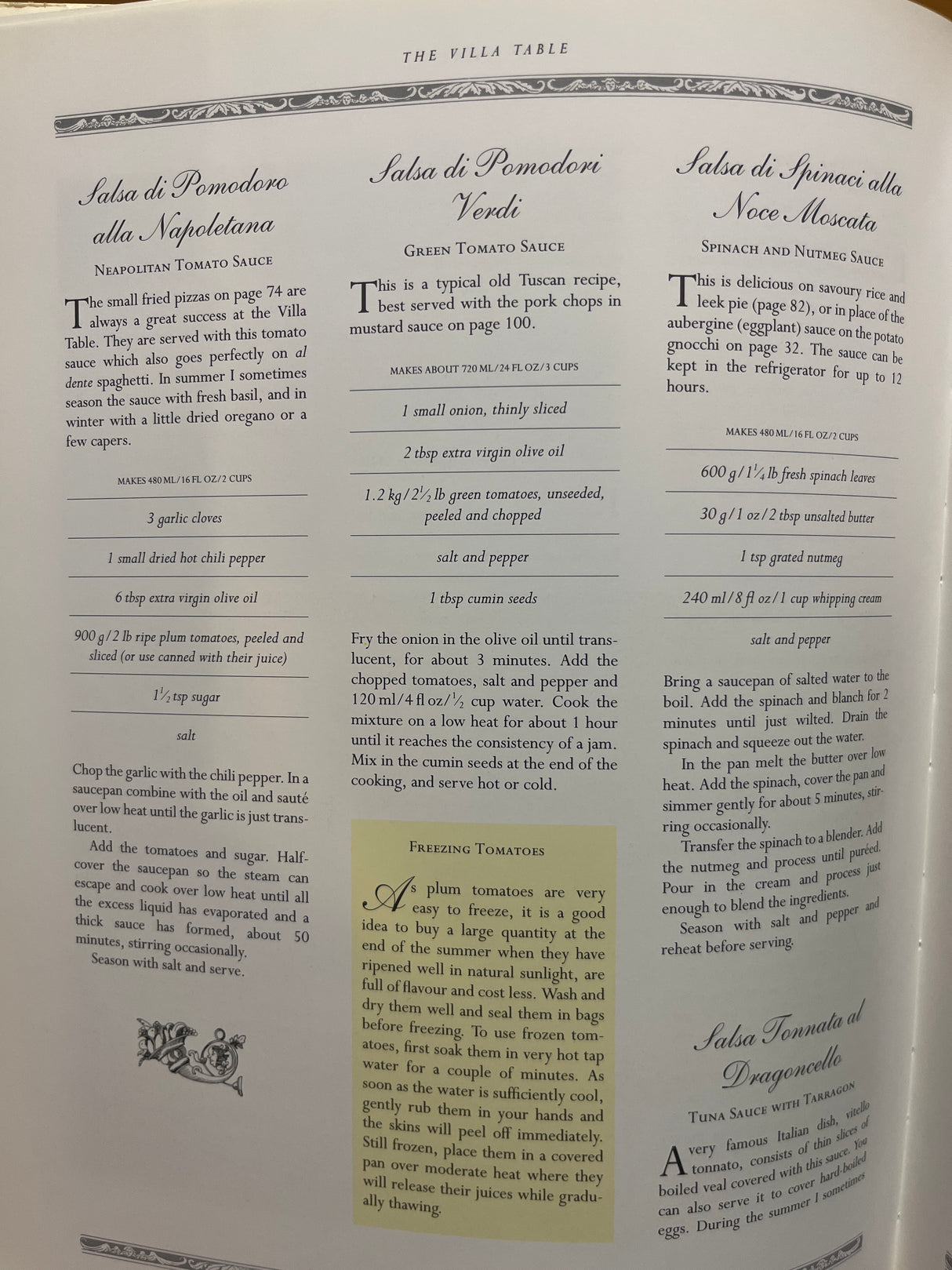 The Villa Table cookbook spread displays recipes for Neapolitan Tomato, Green Tomato, and Spinach & Nutmeg sauces, plus a tip on freezing tomatoes.