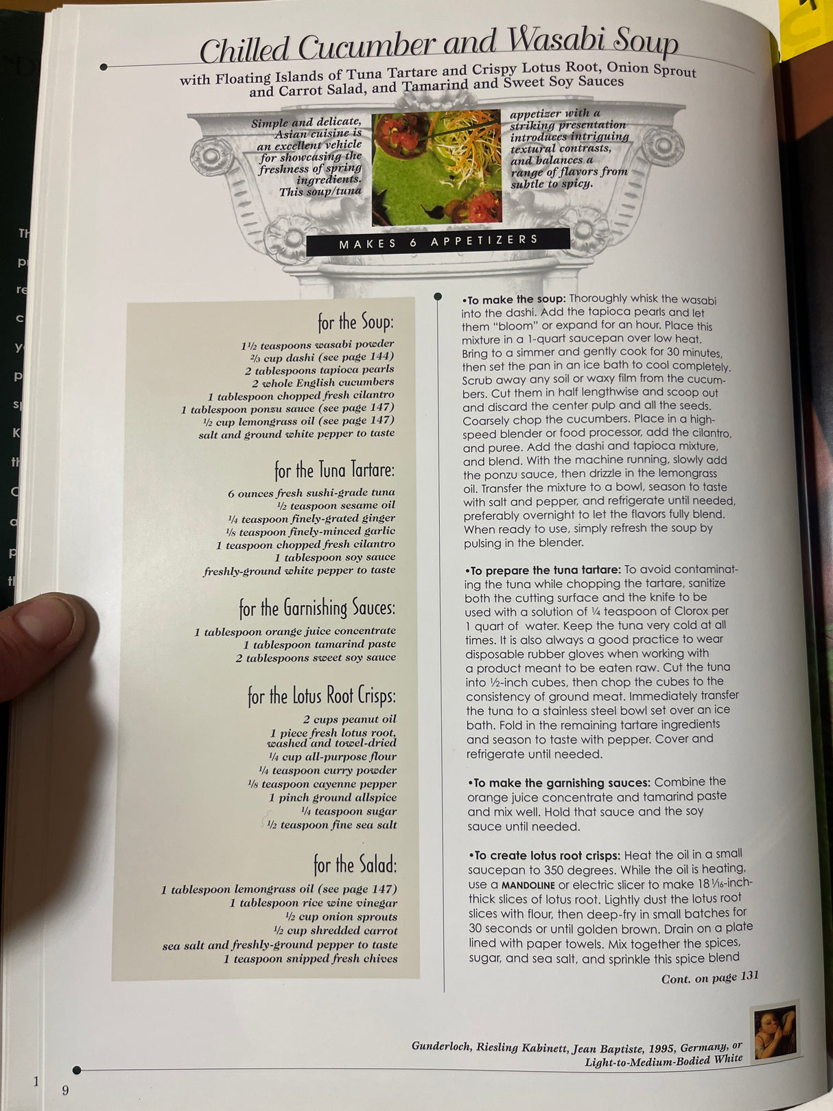 RARE Duquesne Club Cookbook: Page showing detailed recipe for Chilled Cucumber and Wasabi Soup with Tuna Tartare, featuring ingredients and preparation steps for each component.