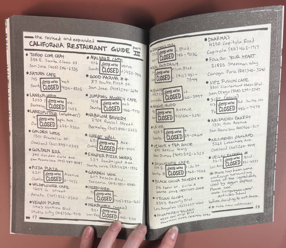 Notebook titled “the revised and expanded CALIFORNIA RESTAURANT GUIDE Part III” lists closed vegan spots, reflecting themes in Cook Your Own Fucking Life: Vegan Comfort Food Recipes.