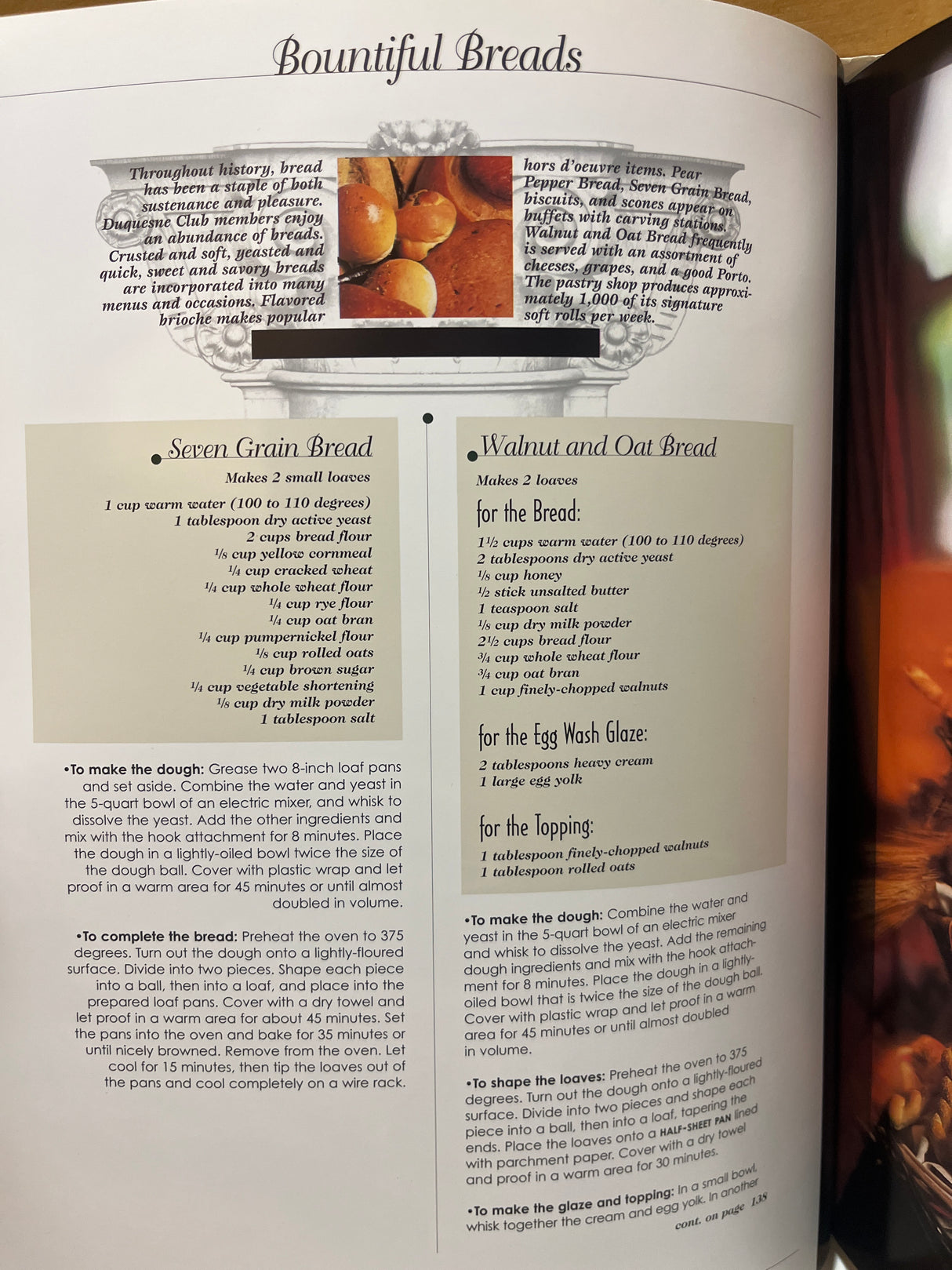 RARE Duquesne Club Cookbook: Magazine spread on “Bountiful Breads” featuring recipes for Seven-Grain Bread and Walnut-and-Oat Bread with step-by-step instructions.