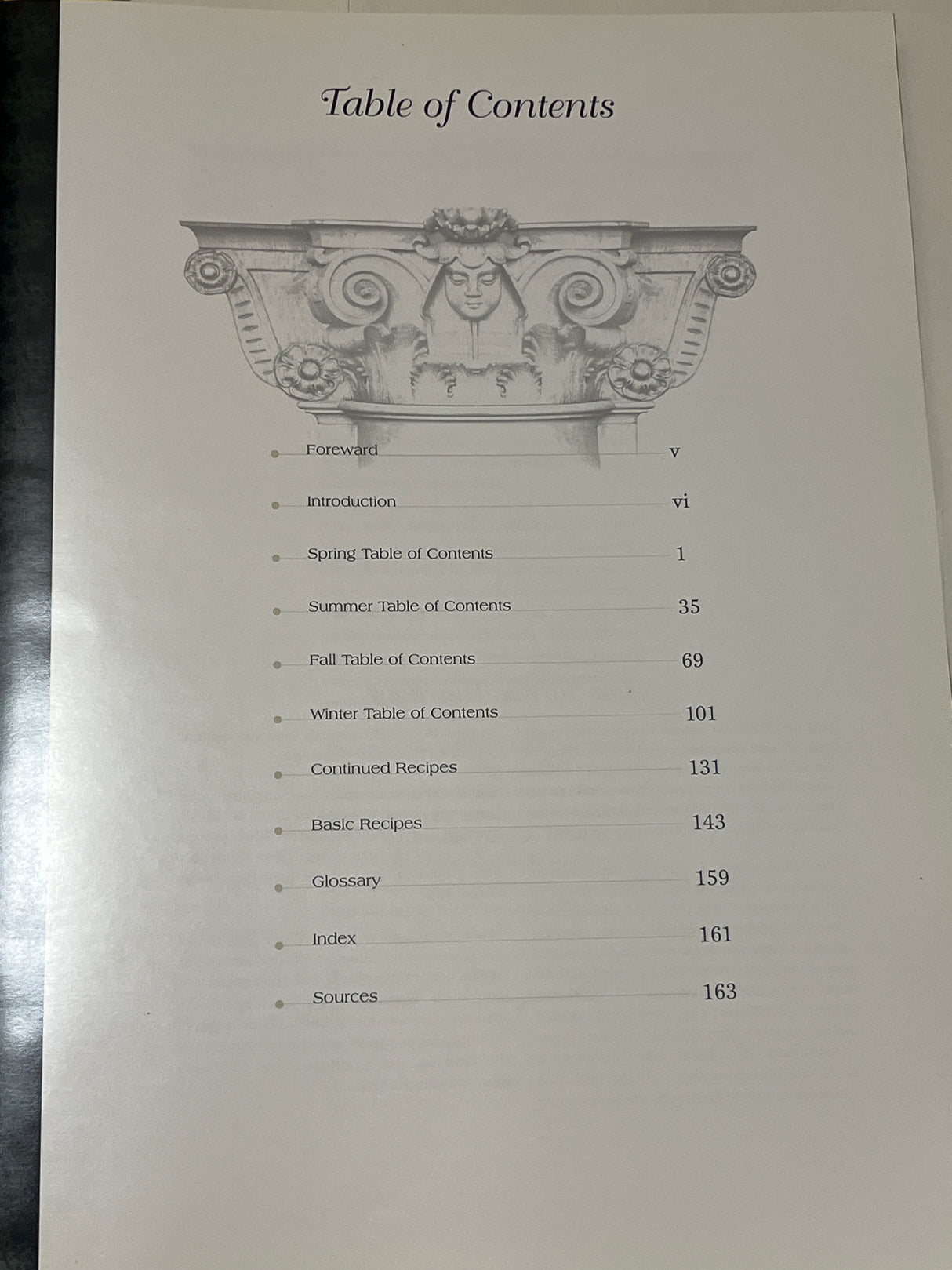 RARE Duquesne Club Cookbook Table of Contents page with a decorative capital, listing sections from Foreword to Sources, highlighting seasonal recipes and basic culinary guides.
