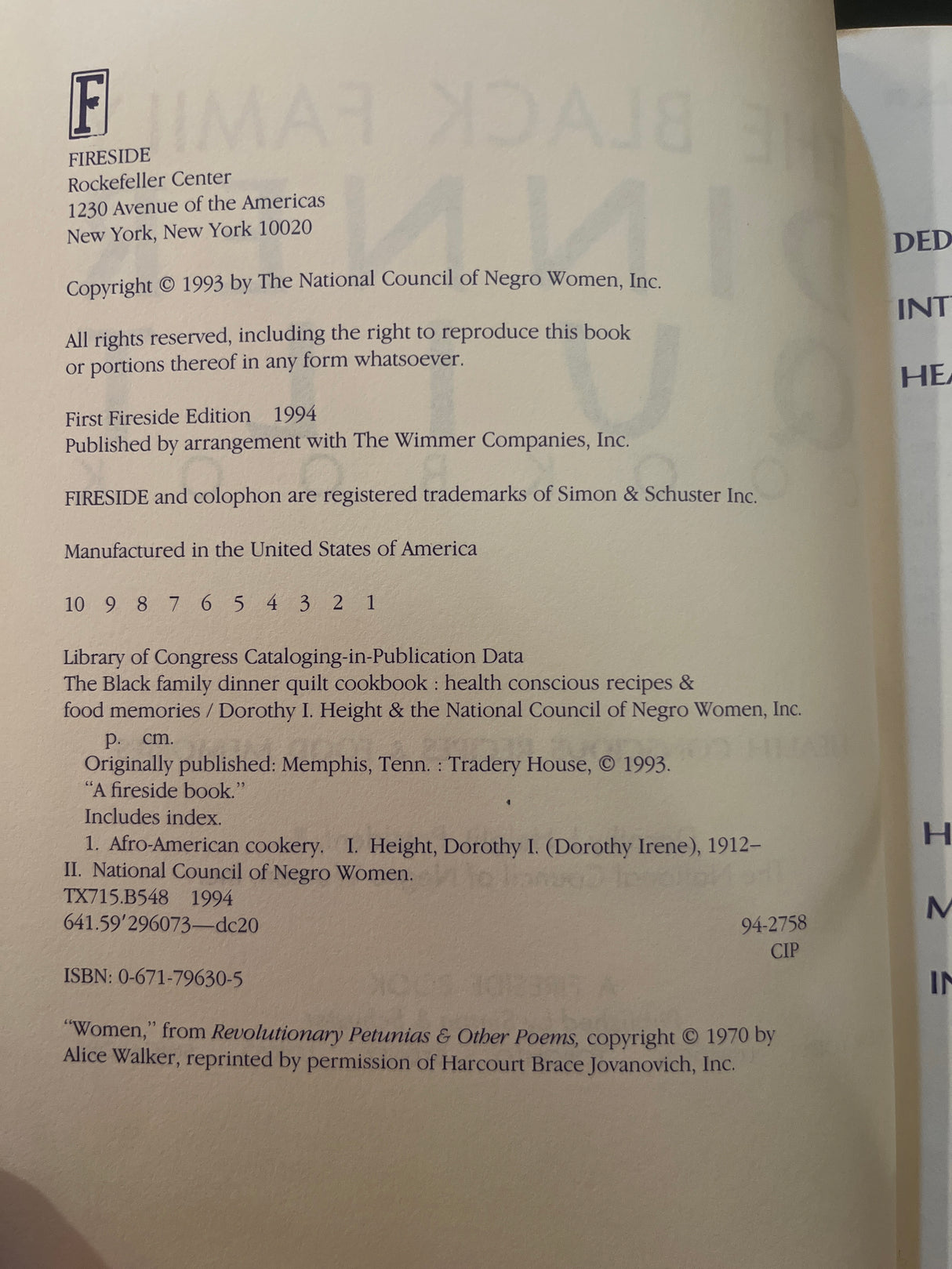 "The Black Family Dinner Quilt Cookbook" by Dorothy I. Height, President, & The National Council of Negro Women, Inc. (1994 First Fireside Edition)