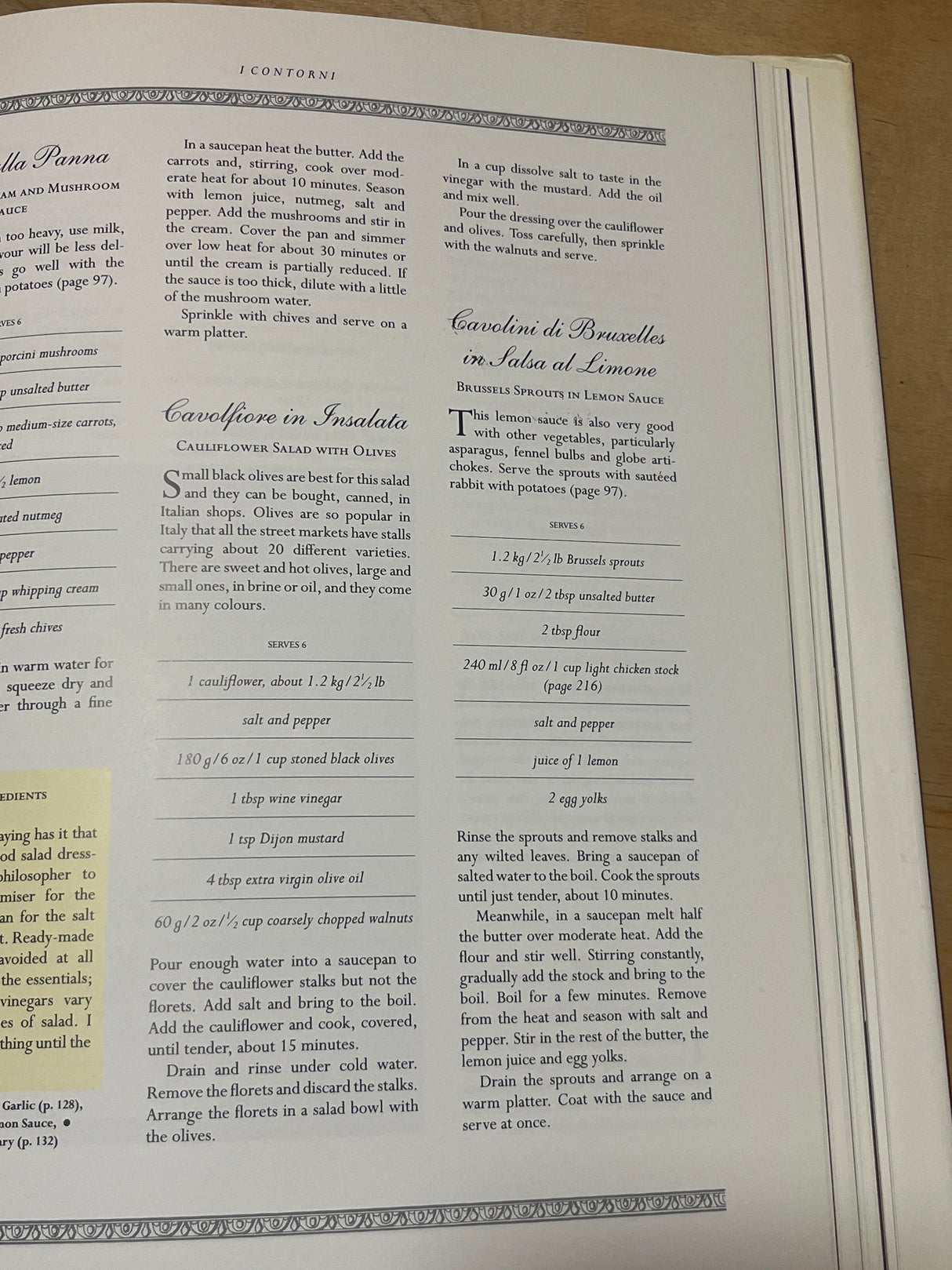 The Villa Table cookbook features Italian side dishes like Cauliflower Salad with Olives and Brussels Sprouts in Lemon Sauce, highlighting authentic recipes and ingredients.