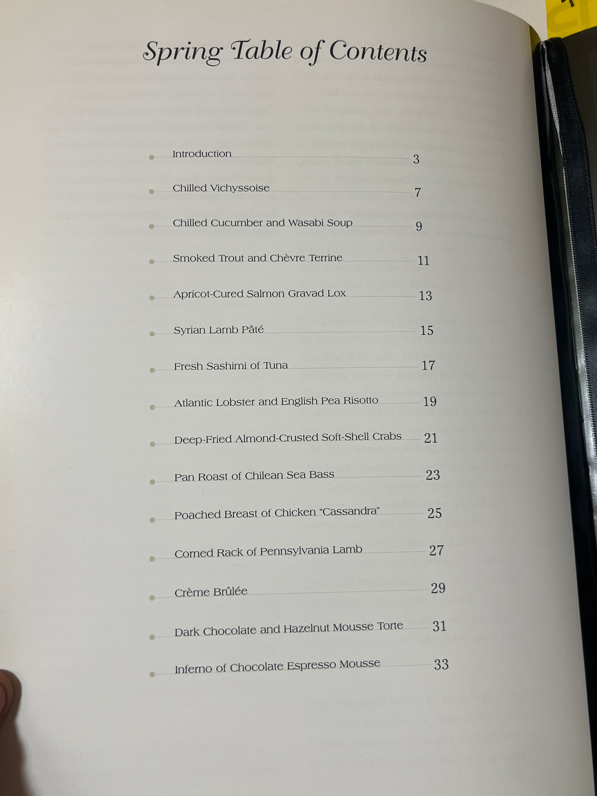 Rare Duquesne Club Cookbook's Spring Table of Contents showcases recipes like Chilled Vichyssoise, Apricot-Cured Salmon, and Crème Brûlée, detailing page numbers for each dish.