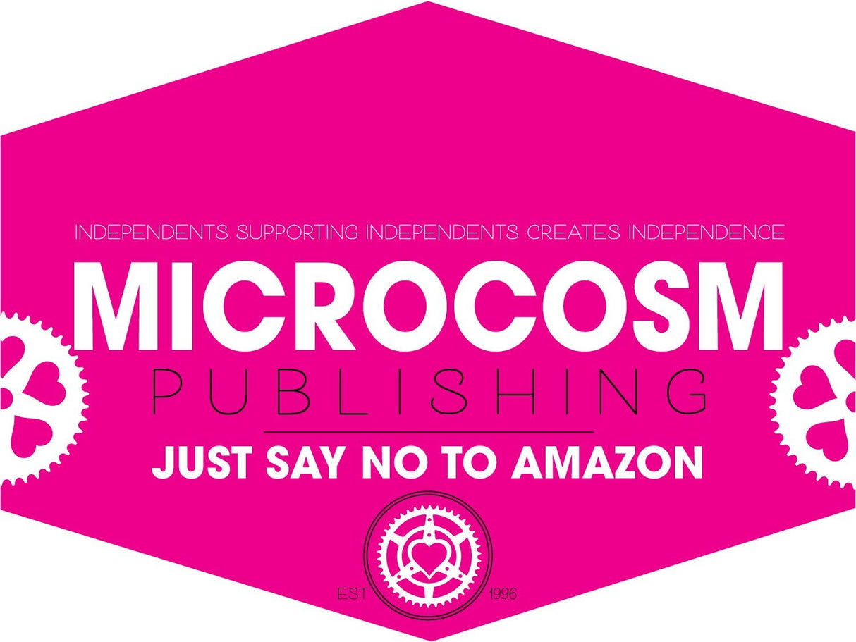 Hexagon-style badge for Microcosm Publishing with slogans and cogwheel designs, promoting the zine Fire & Ice: Vegan Recipes from Hot & Soul.