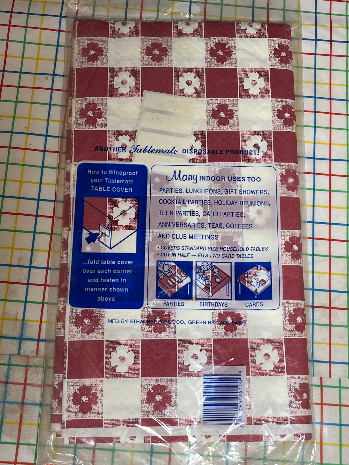 Red and white disposable table cover - paper and plastic - vintage Tablemate