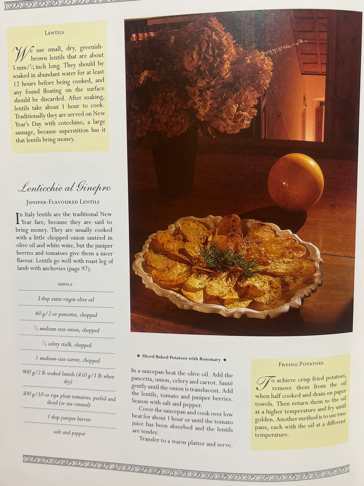 The Villa Table cookbook open to a lentil recipe, featuring juniper-flavored lentils and baked potatoes with rosemary, alongside cooking tips and ingredient list.