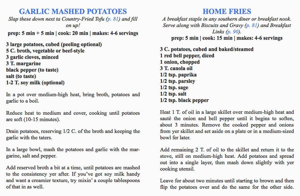 Cookbook spread featuring two recipes from Hot Damn & Hell Yeah: Garlic Mashed Potatoes and Home Fries, with ingredients, steps, and serving suggestions for vegan Tex-Mex and Southern dishes.