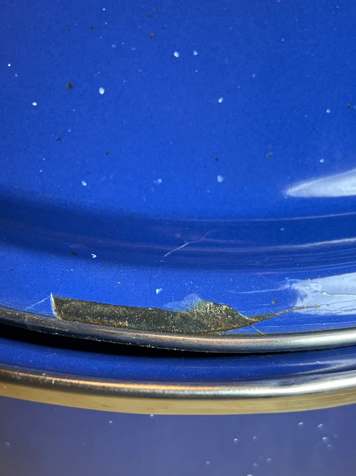 Marlboro Gear 6 quart 3-piece stock pot, blue speckled enamelware, showing chipped paint and rust, includes strainer and lid. Ideal for durable, versatile cooking.