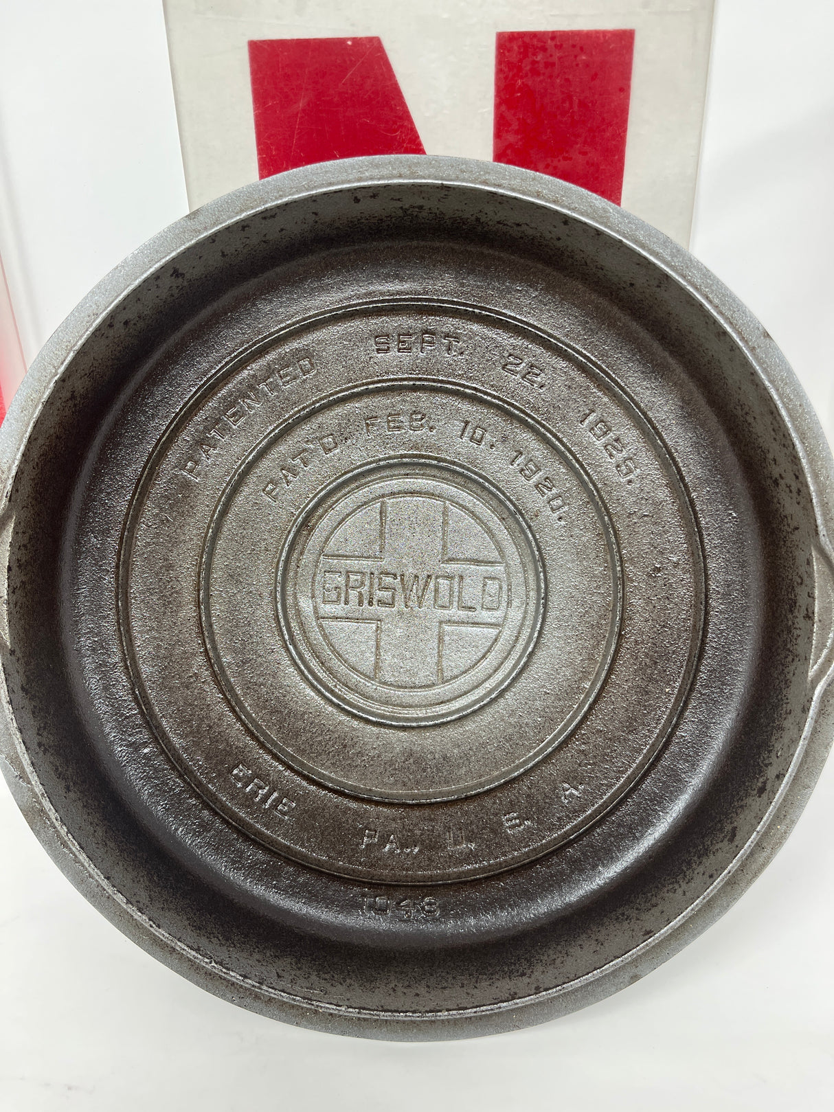 RARE antique Griswold No. 8 skillet and self-basting cover, cast-iron with chrome-plated lid, showing surface wear but in excellent, working condition.