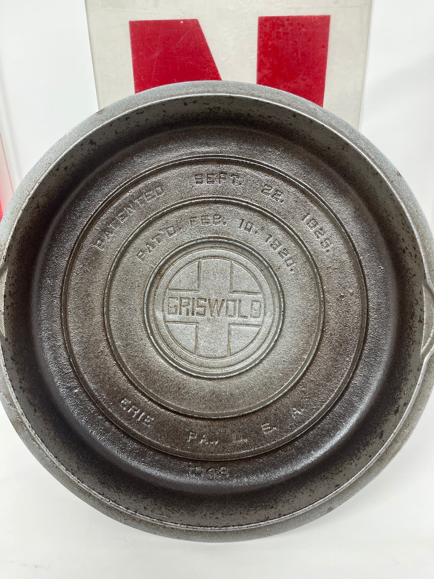 RARE antique Griswold No. 8 skillet and self-basting cover, cast-iron with chrome-plated lid, showing surface wear but in excellent, working condition.