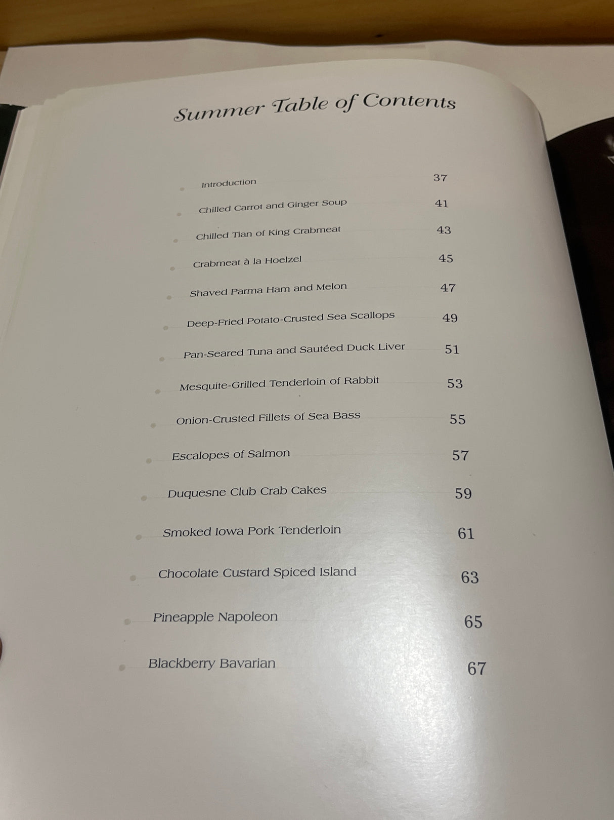 RARE Duquesne Club Cookbook: Summer Table of Contents features seasonal recipes like Chilled Carrot and Ginger Soup and Duquesne Club Crab Cakes, showcasing gourmet dishes.