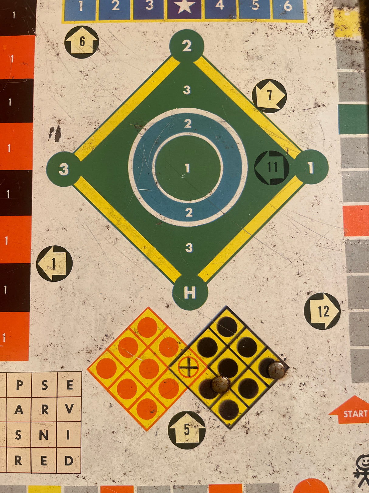 Vintage Metal Lap Serving Tray Game by Pressman Toy Co., featuring a puzzle-board with a baseball diamond, grids, letter matrix, and numbered icons for interactive dining.