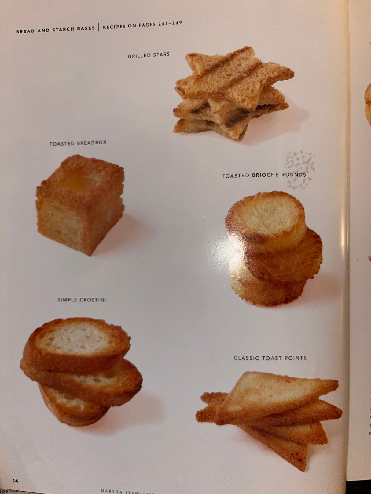 Martha Stewart’s Hors D’oeuvres cookbook page displays six canape carriers: Grilled Stars, Toasted Breadbox, Brioche Rounds, Crostini, and Toast Points.