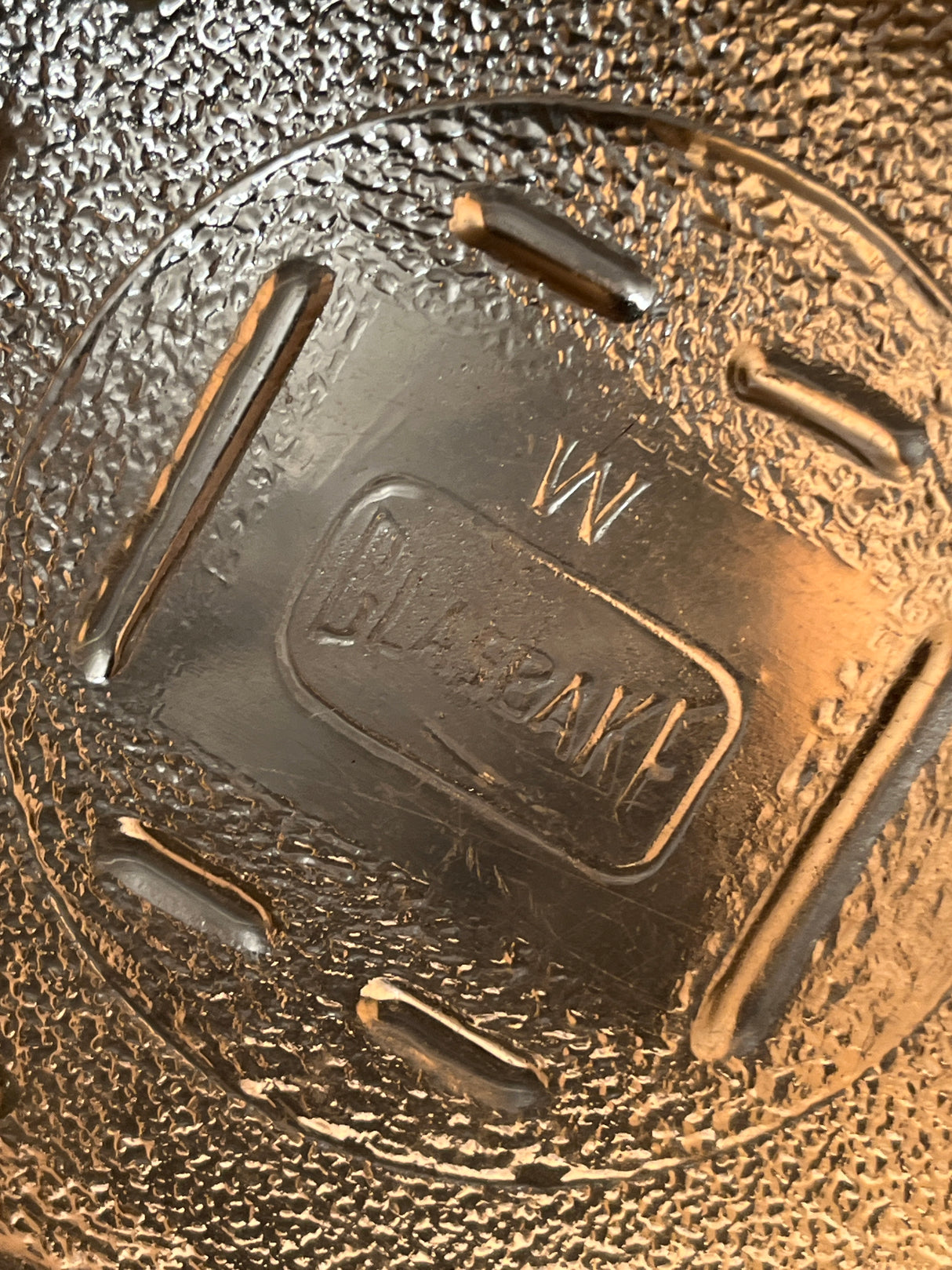 Close-up of the underside of the Glass ribbed loaf baking pan lid, featuring a textured finish and WIDEWAY embossing, matching the vintage Glasbake style #59 pan.