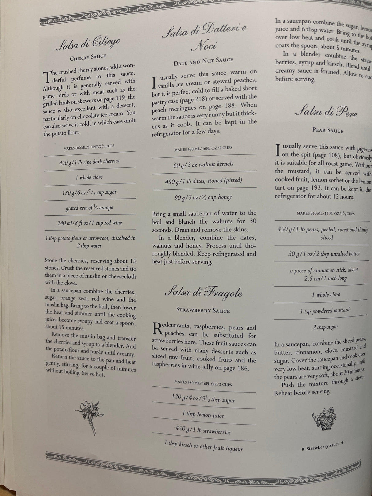 The Villa Table cookbook spread features four Italian fruit sauce recipes, each with ingredient lists and instructions, offering culinary insights and perfect pairings.