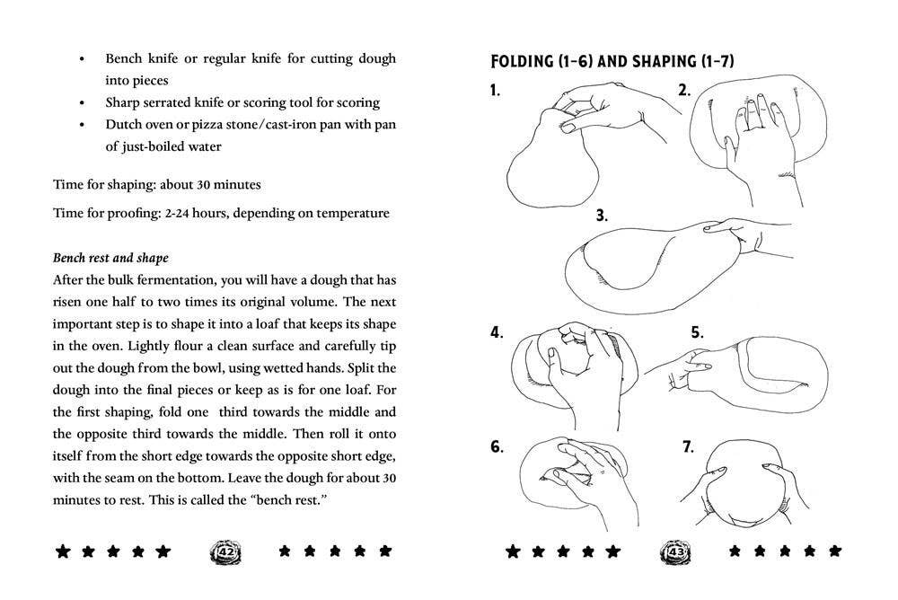 Bread of the Resistance: Make Sourdough without Measuring guide open to equipment list, timing notes, and folding illustrations for shaping dough into a boule or loaf.