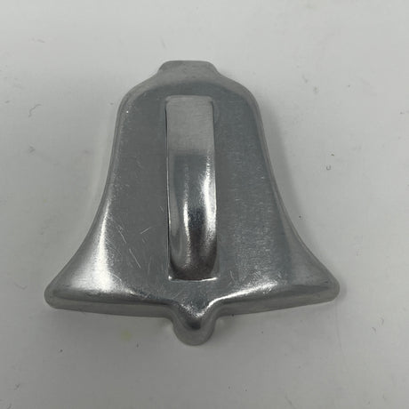 Mid-century metal cookie cutter featuring a silver bell shape with a sturdy metal handle, ideal for easy gripping.