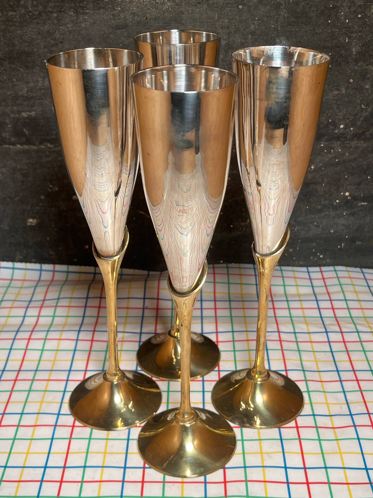 Set of 4 Champagne glasses - silver plated and brass - vintage International Silver Company 1960s