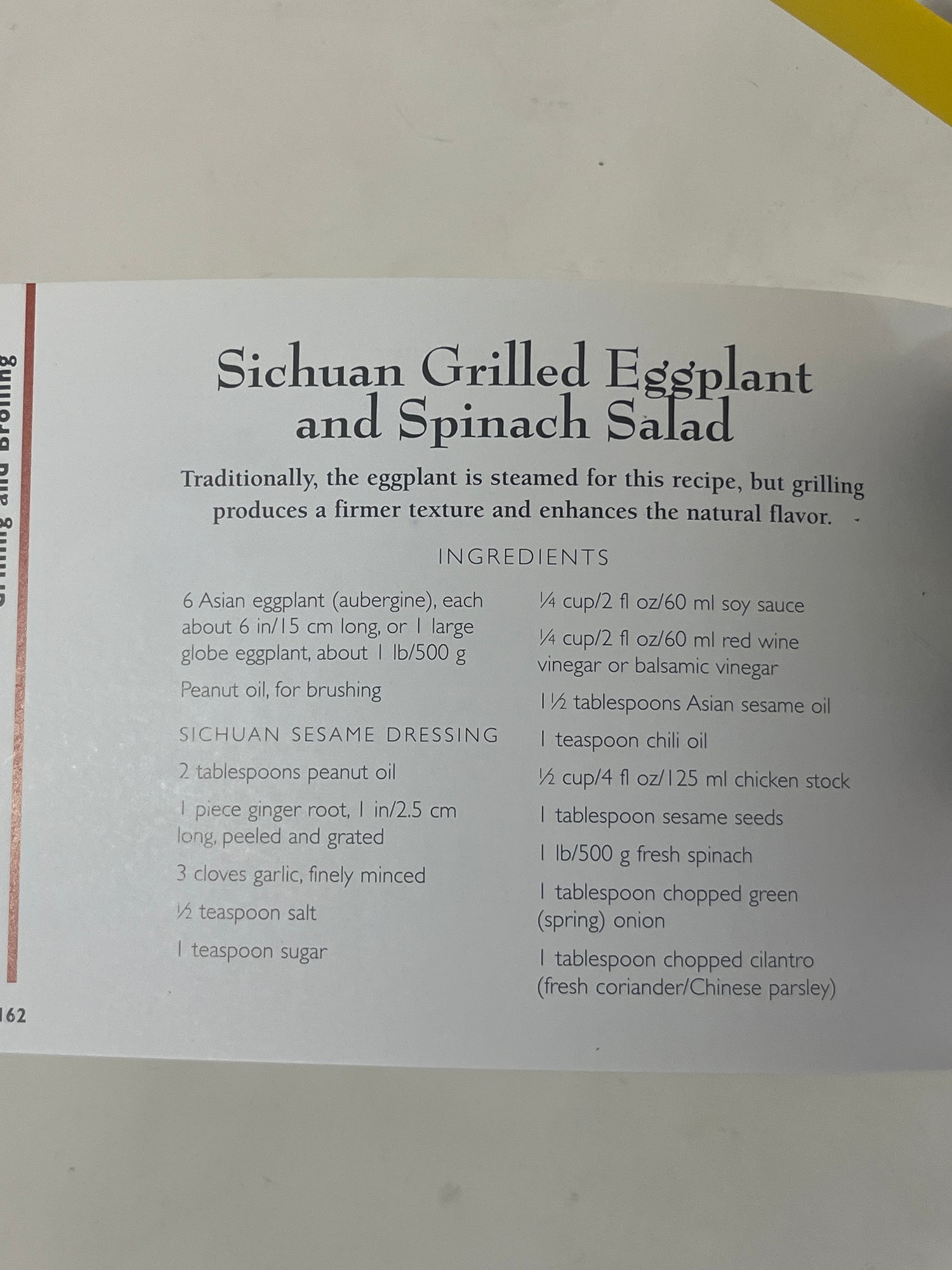 Cookbook page in The Little Guides: Vegetarian featuring Sichuan Grilled Eggplant and Spinach Salad recipe, highlighting ingredients and grilling technique for enhanced flavor.