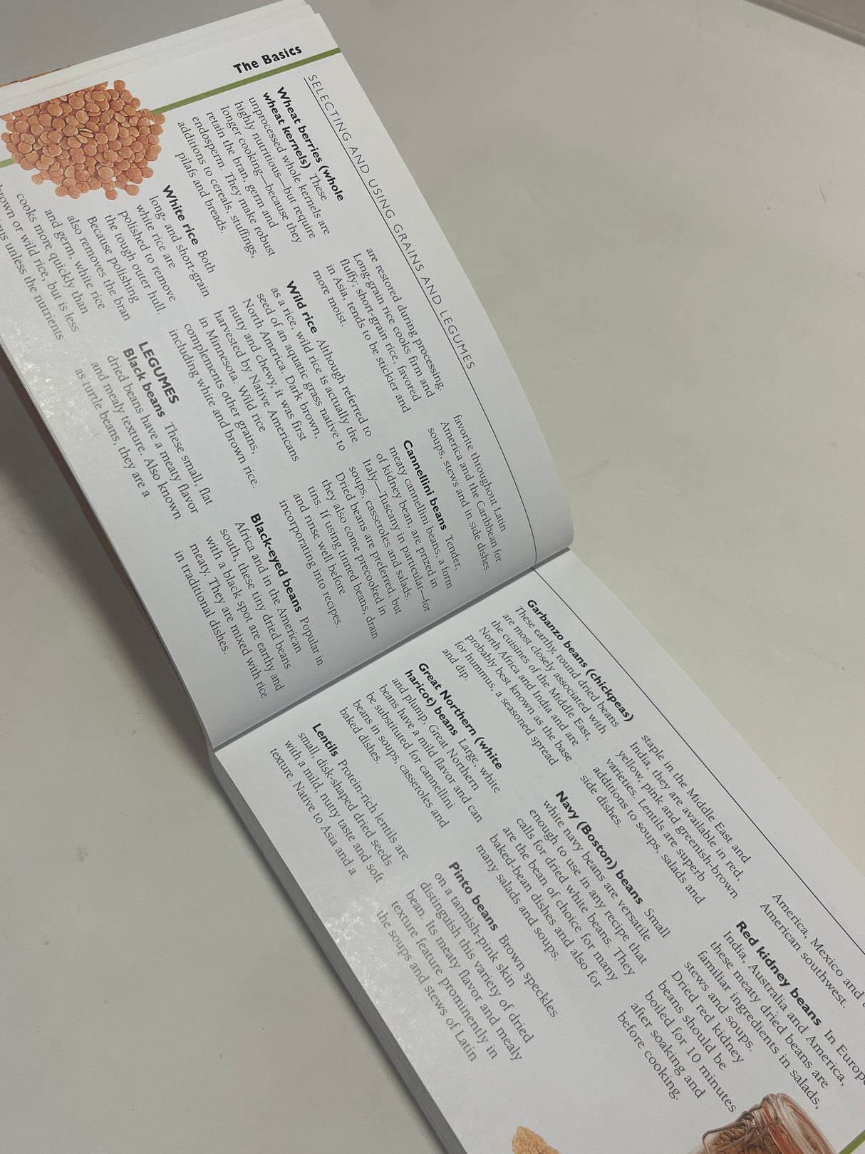 The Little Guides: Vegetarian cookbook open on 'The Basics' section, featuring grain and legume selections with detailed descriptions and beginner-friendly vegetarian cooking insights.