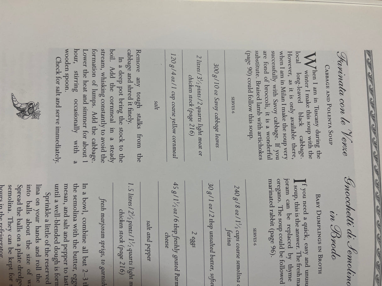 Pages from The Villa Table cookbook featuring recipes for Farinuata con le Verse and Gnocchetti di Semolino in Brodo, with detailed ingredients and cooking instructions.