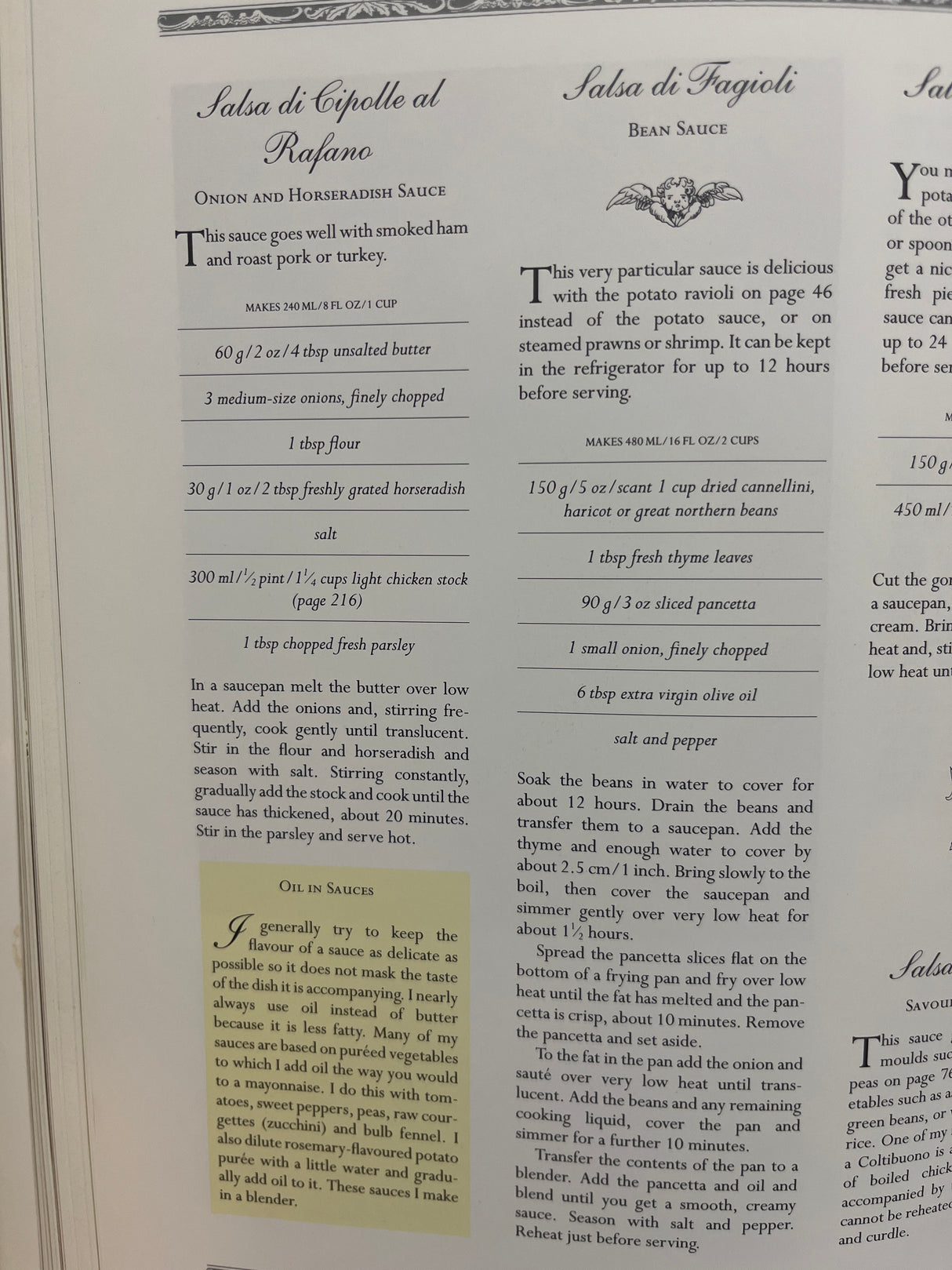 The Villa Table cookbook spread with Italian sauce recipes, Salsa di Cipolle al Rafano and Salsa di Fagioli, showcasing ingredients and preparation methods, alongside a note on using oil.