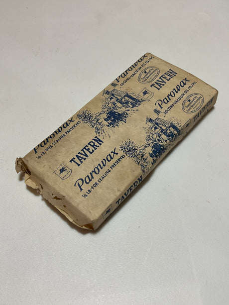 Tavern paraffin Parowax block from the 1960s, wrapped with some frays and small tears, ideal for sealing canning jars.