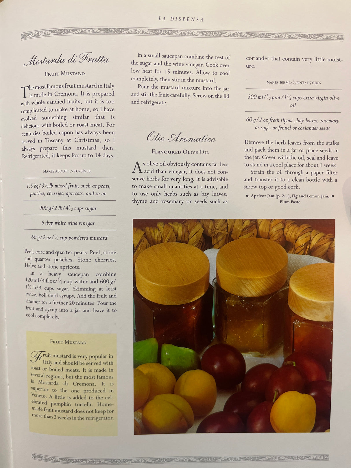 The Villa Table: Two-page spread of Italian recipes for Mostarda di Frutta and Olio Aromatico with square jars filled with preserves and fresh stone fruits.