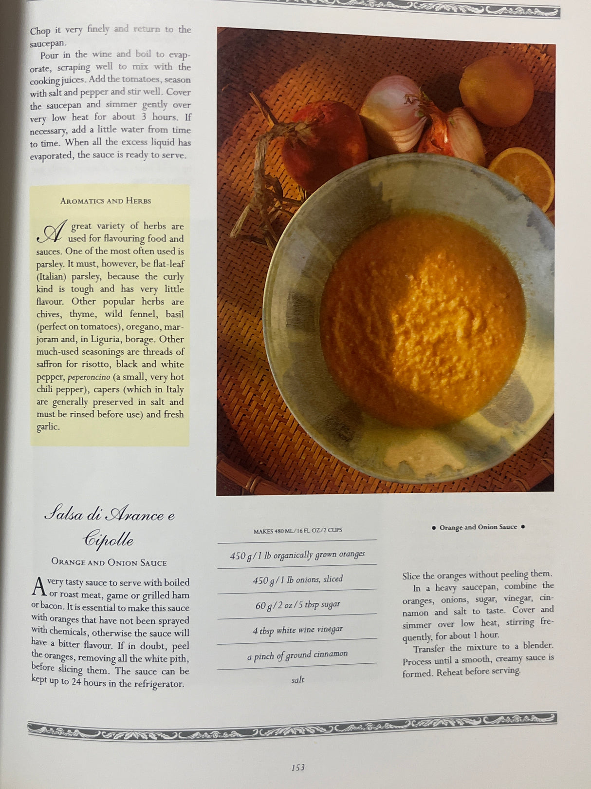 Page from The Villa Table cookbook featuring a recipe for Orange and Onion Sauce, alongside a sidebar on Italian herbs and seasonings.