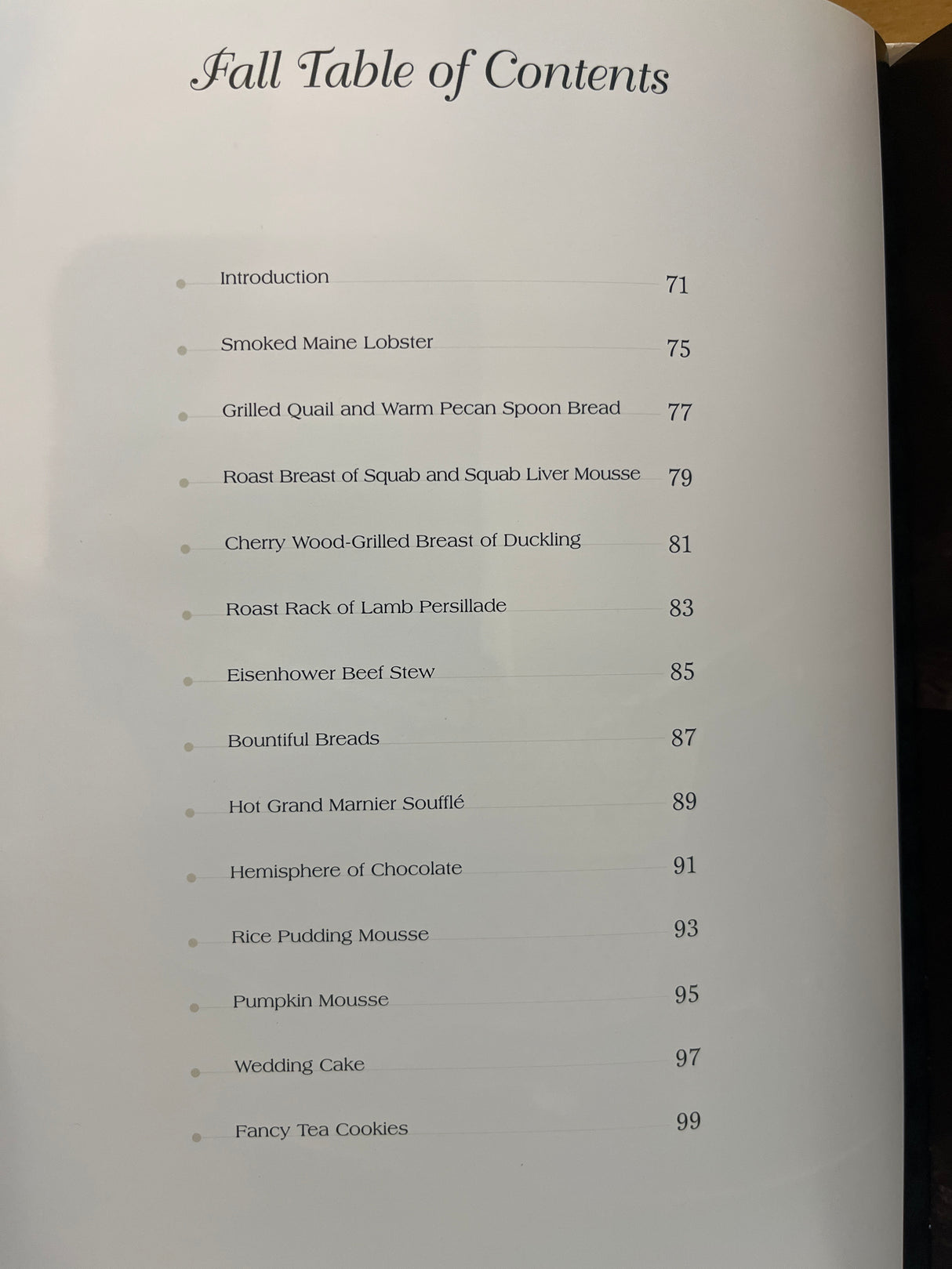 RARE Duquesne Club Cookbook: Fall Table of Contents lists recipes like Smoked Maine Lobster and Pumpkin Mousse with corresponding page numbers, showcasing seasonal culinary offerings.