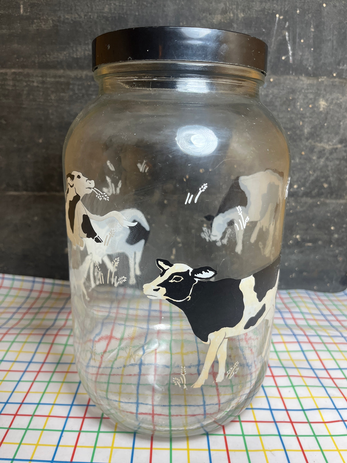 Have a cow cookie jar - glass with black plastic lid - vintage Anchor Hocking