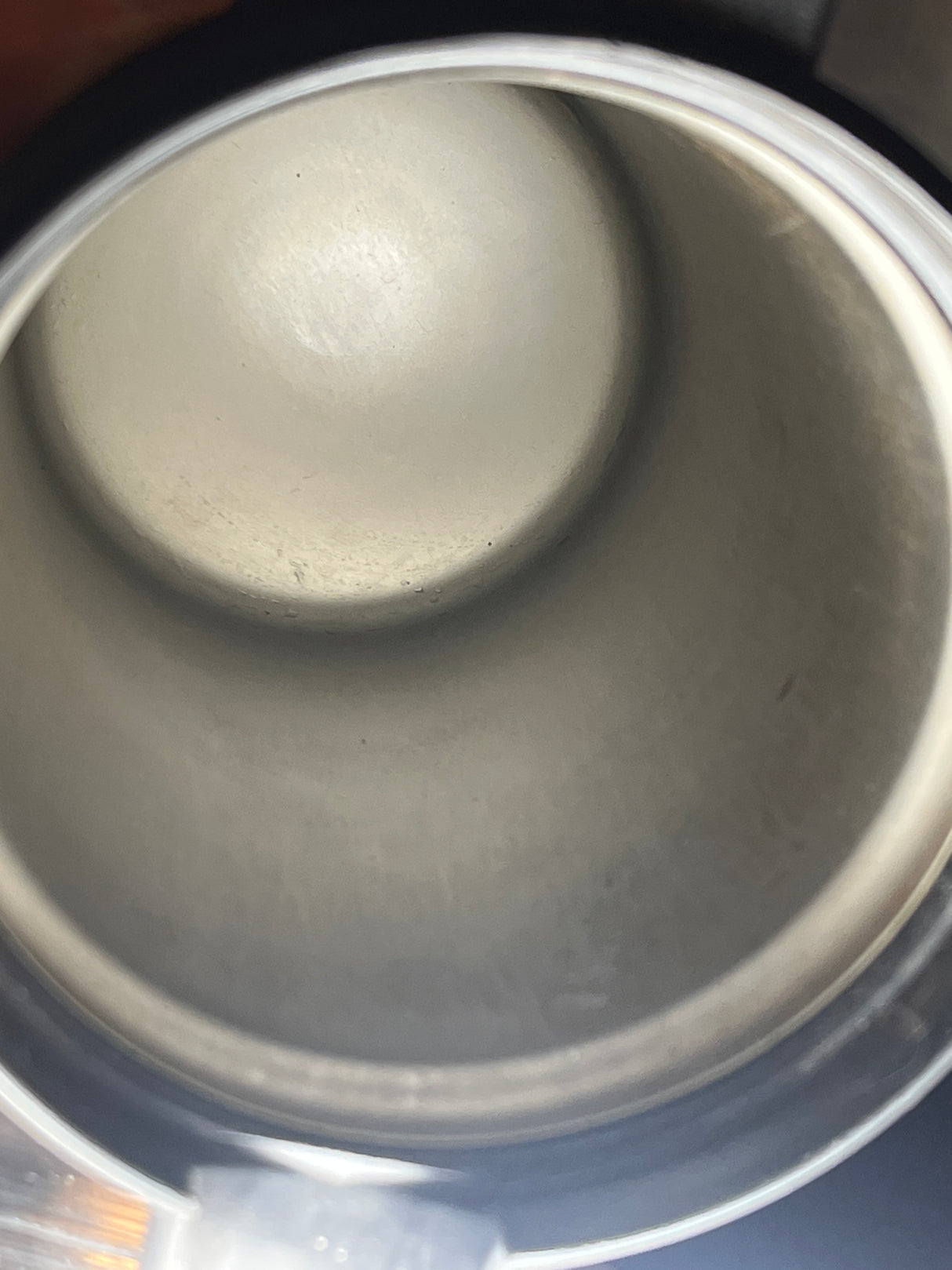 Interior view of a Thermos Nissan stainless steel insulated French press coffee maker, showing its smooth, cylindrical metal design, resembling a travel mug's inside.