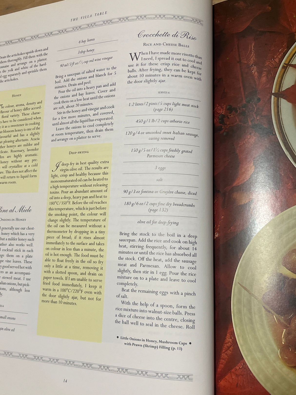 The Villa Table cookbook features a detailed Crocchette di Riso recipe, showcasing ingredients, cooking instructions, and deep-frying tips for perfect rice and cheese balls.