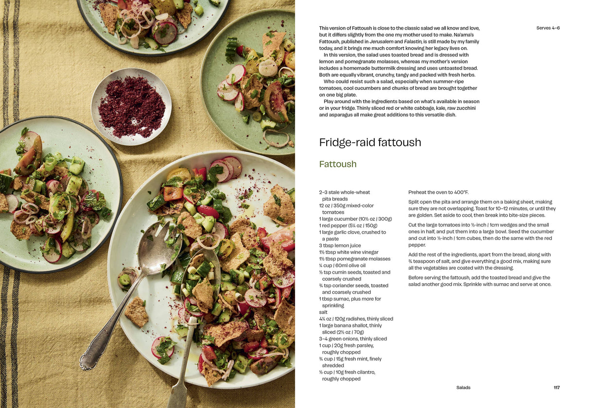 Boustany cookbook spread featuring Fridge-raid Fattoush, a vibrant salad with cucumbers, radishes, and toasted pita, with a detailed recipe on the right.