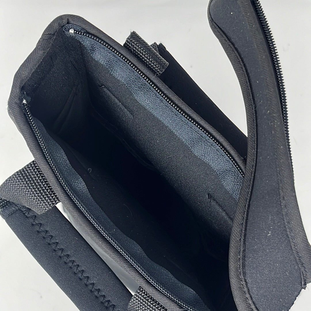 Neoprene two-bottle bag with zipper, detachable strap, and front pocket; features a carrying handle and holds removable gel packs for cooling.