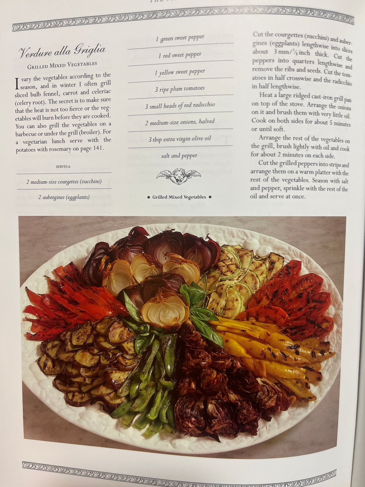 The Villa Table cookbook page features Verdure alla Griglia, showcasing a colorful wheel of grilled veggies with basil, and detailed slicing and grilling instructions.