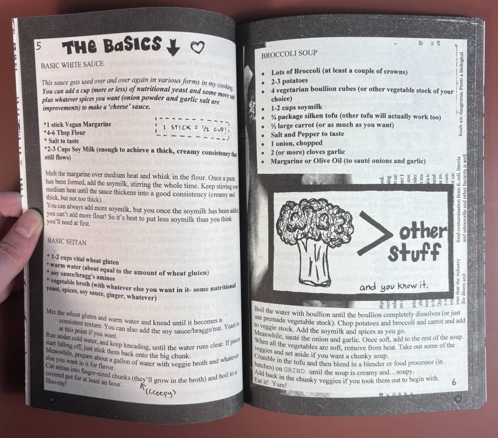 Cook Your Own Fucking Life booklet pages showing vegan recipes: Basic White Sauce, Basic Seitan, and Broccoli Soup, alongside playful broccoli sketch and product details.