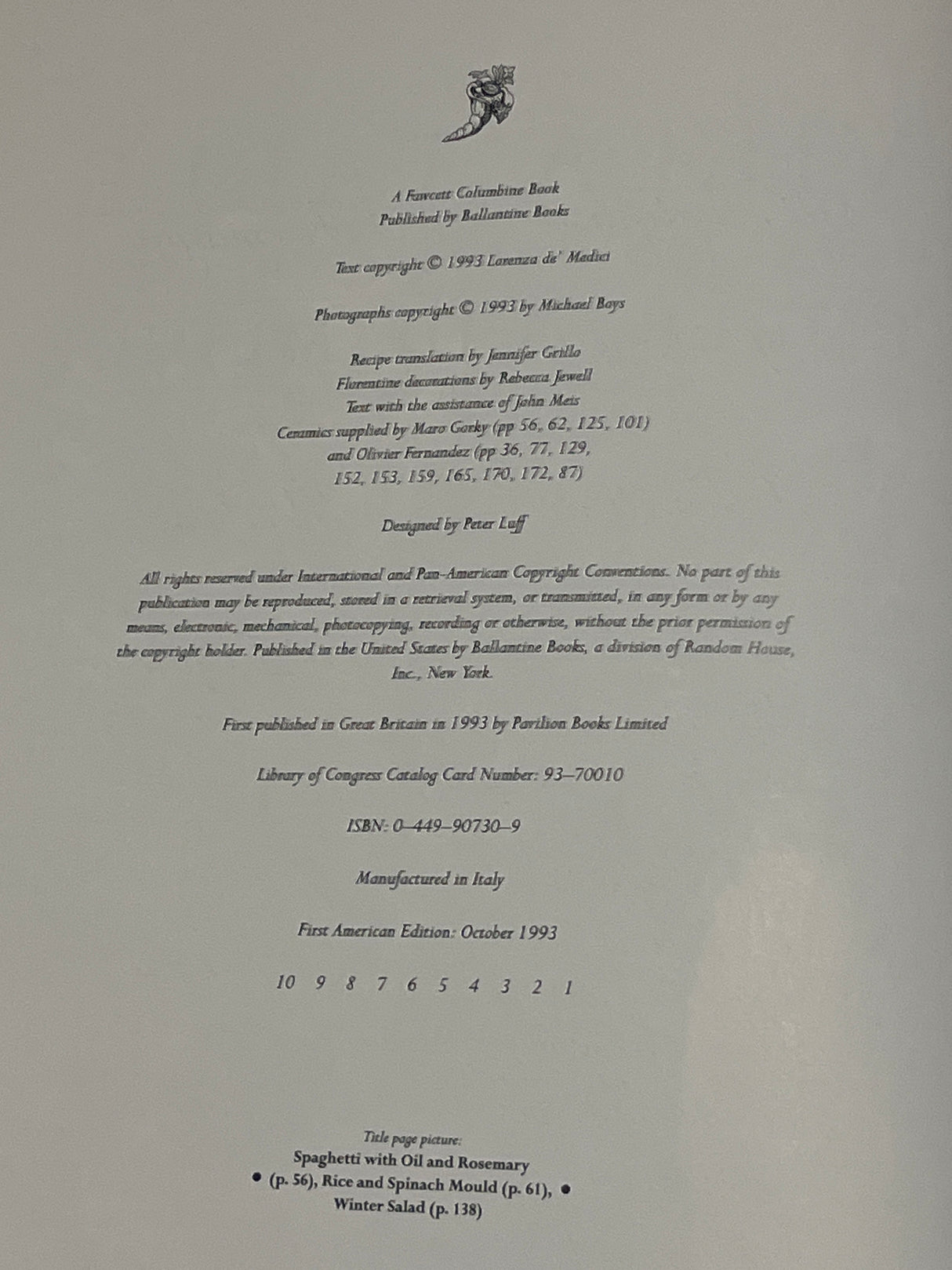 Copyright page of The Villa Table detailing publication credits, copyright info, and manufacturing details; highlights contributions to design, translation, and photography.